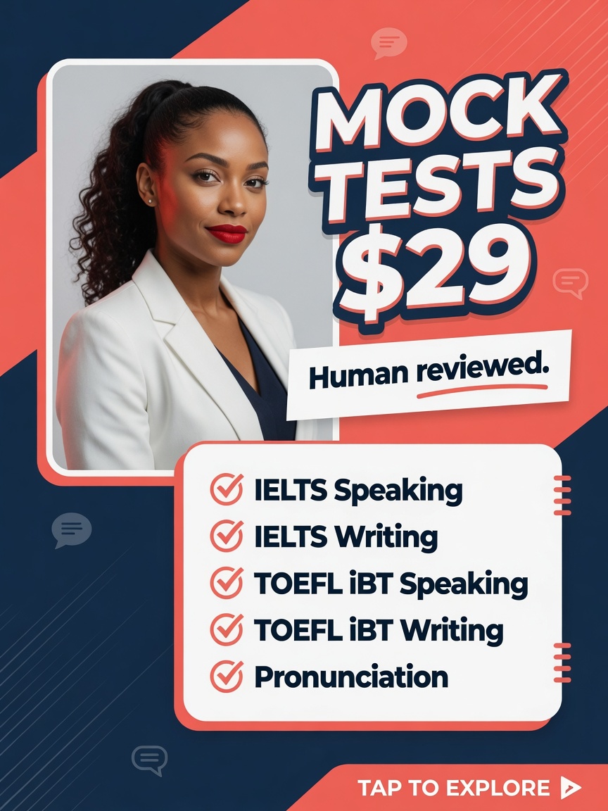Mock Tests $29. Human reviewed. IELTS Speaking, IELTS Writing, TOEFL iBT Speaking, TOEFL iBT Writing, Pronunciation. Tap to explore.